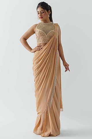 Peach Pre-Draped Saree Set by Suruchi Parakh