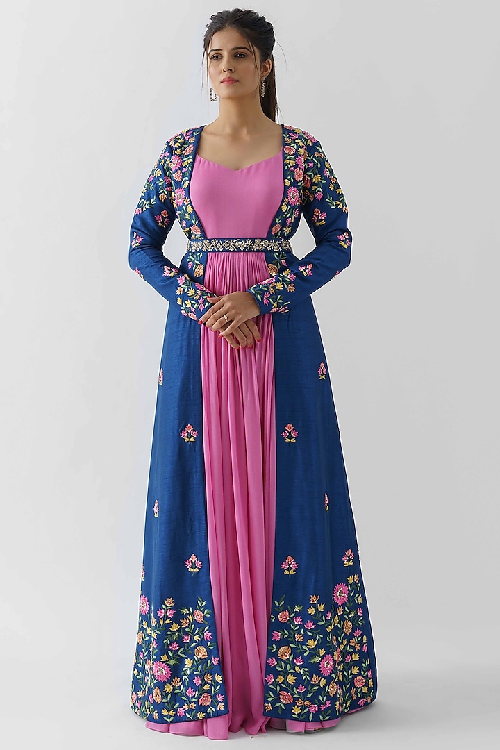 Pink Anarkali Dress With Blue Jacket by Suruchi Parakh at Pernia's Pop Up Shop