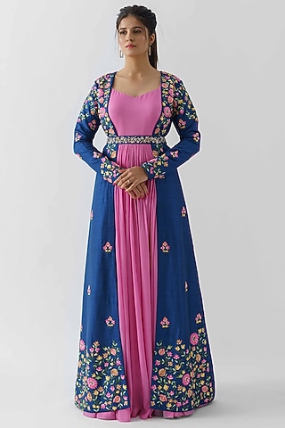 Pink Anarkali Dress With Blue Jacket by Suruchi Parakh
