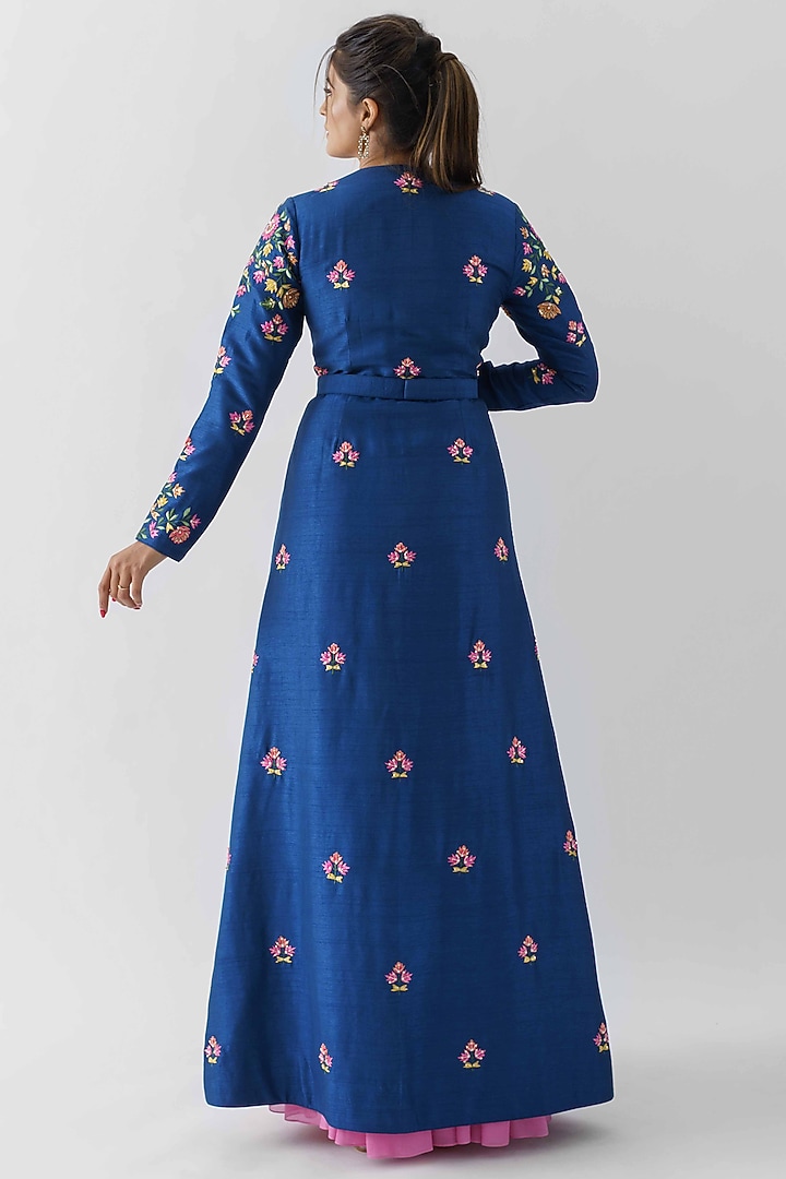 Pink Wedding Anarkali Dress With Blue Jacket by Suruchi Parakh at Pernia's Pop Up Shop