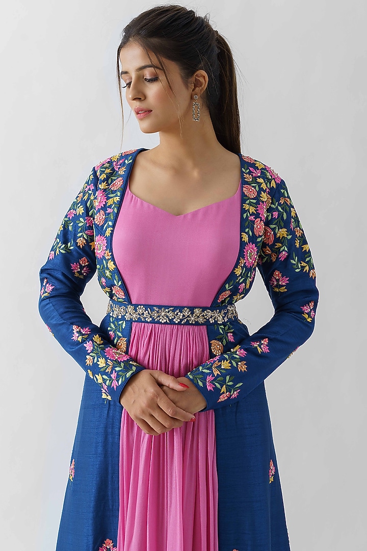 Pink Wedding Anarkali Dress With Blue Jacket by Suruchi Parakh at Pernia's Pop Up Shop
