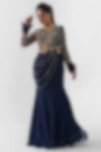 Navy Blue Pre-Draped Skirt Saree Set by Suruchi Parakh at Pernia's Pop Up Shop