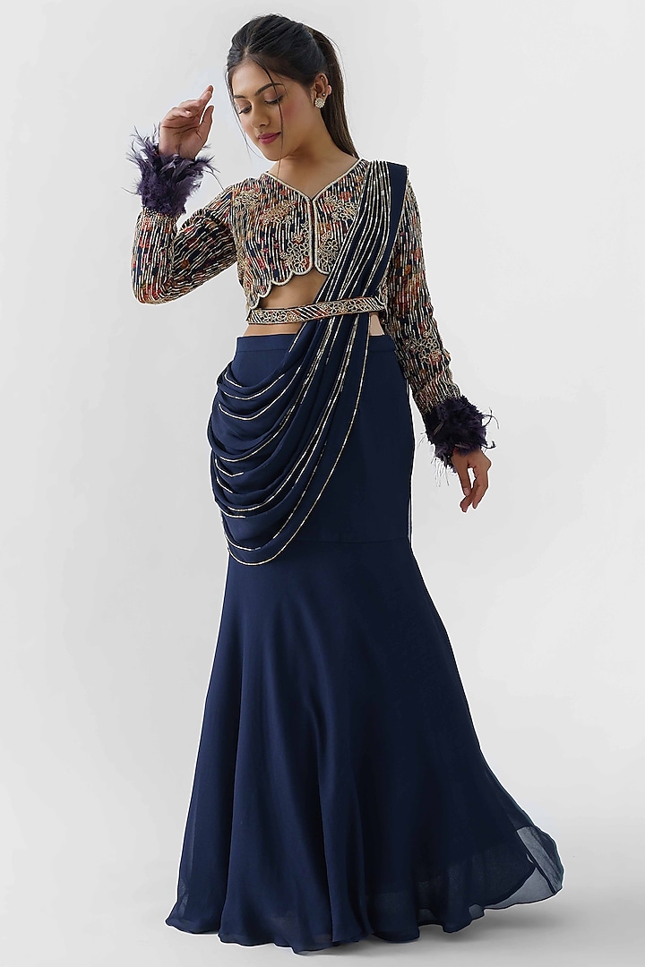 Navy Blue Pre-Draped Skirt Saree Set by Suruchi Parakh