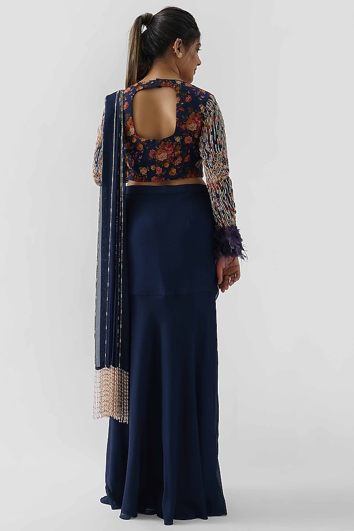 Navy Blue Pre-Draped Skirt Wedding Saree Set by Suruchi Parakh at Pernia's Pop Up Shop