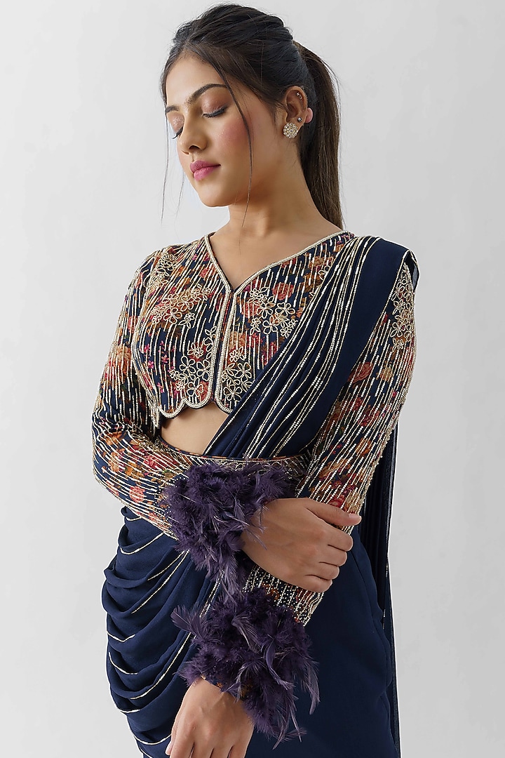 Navy Blue Pre-Draped Skirt Wedding Saree Set by Suruchi Parakh at Pernia's Pop Up Shop