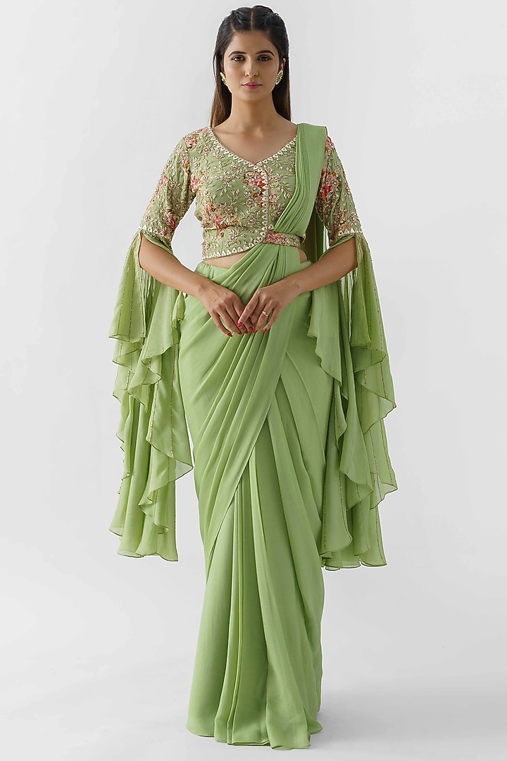 Sage green printed and embroidered pre drape saree set