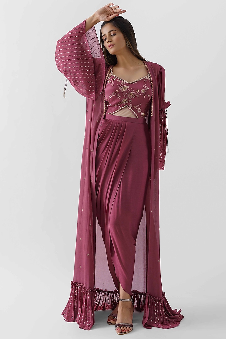 Wine Embroidered Draped Dress With Jacket by Suruchi Parakh