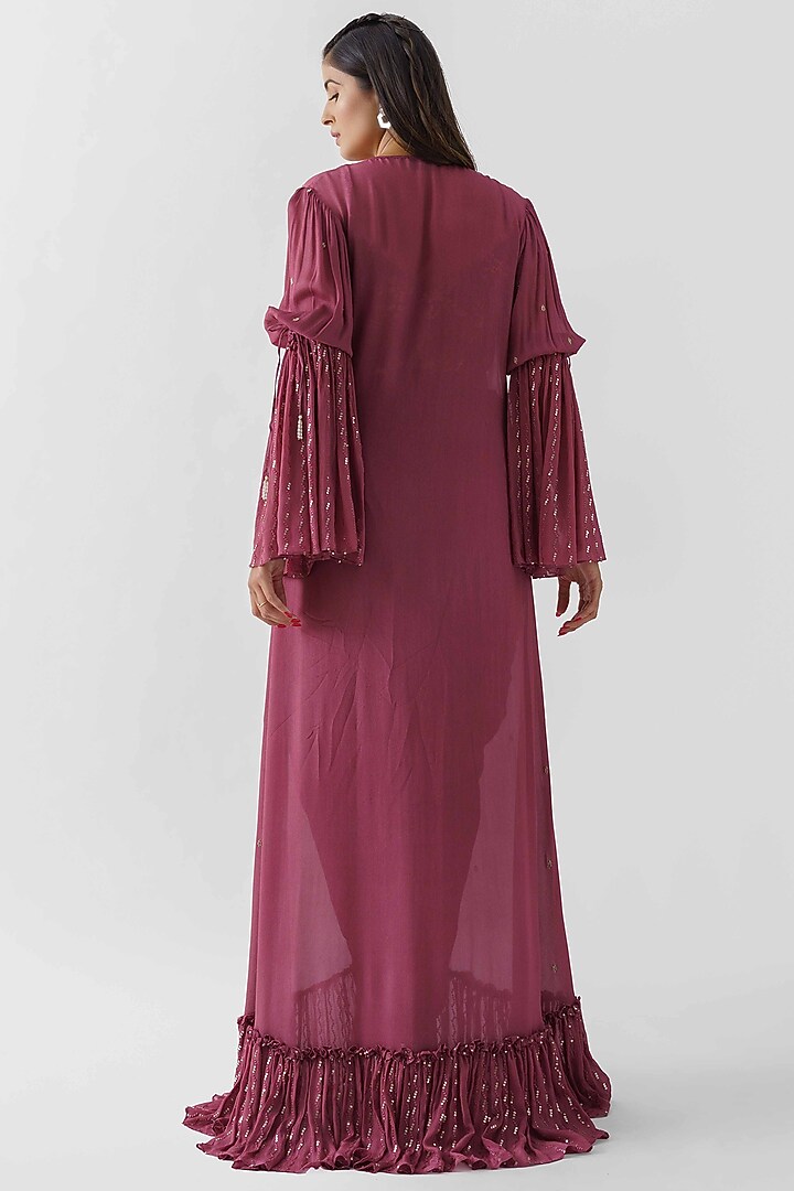 Wine Georgette Crepe Sequins Hand Embroidered Jacket Draped Vacation Dress by Suruchi Parakh at Pernia's Pop Up Shop
