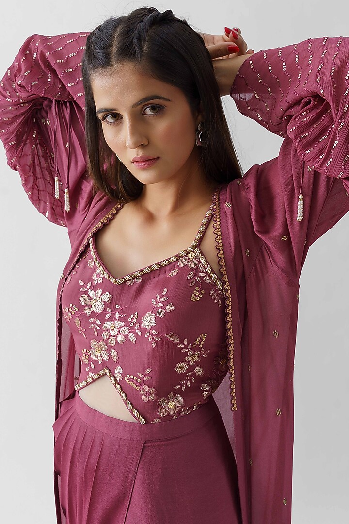 Wine Georgette Crepe Sequins Hand Embroidered Jacket Draped Vacation Dress by Suruchi Parakh at Pernia's Pop Up Shop