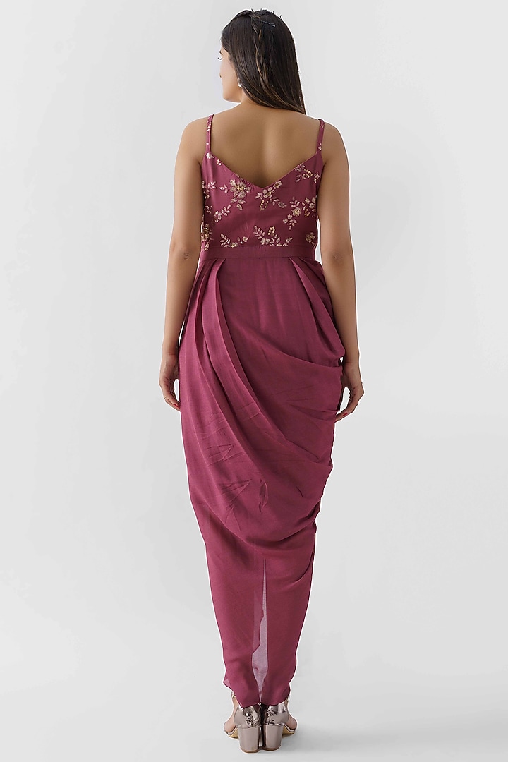 Wine Georgette Crepe Sequins Hand Embroidered Jacket Draped Vacation Dress by Suruchi Parakh at Pernia's Pop Up Shop