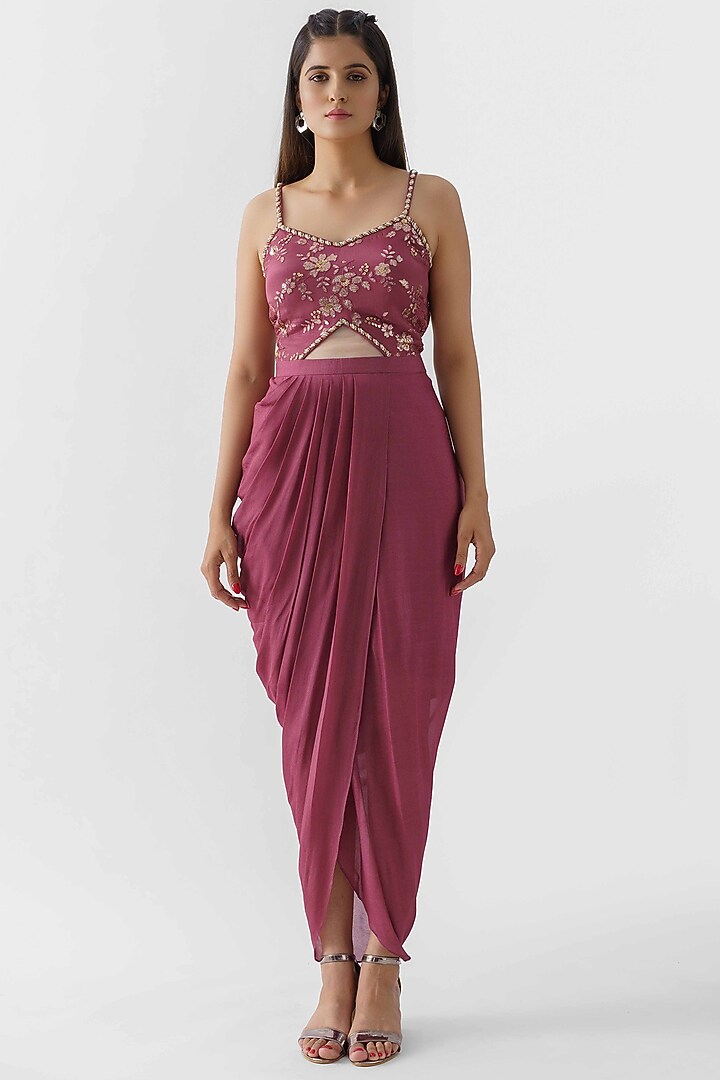 Wine Georgette Crepe Sequins Hand Embroidered Jacket Draped Vacation Dress by Suruchi Parakh at Pernia's Pop Up Shop