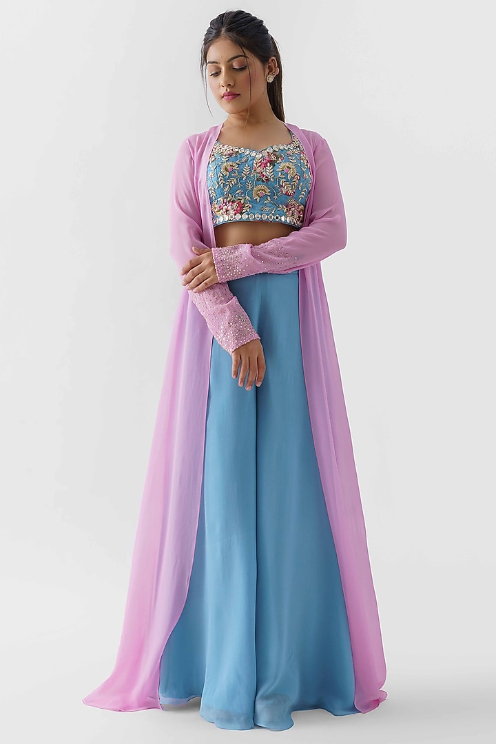 Alaskan Blue & Bubble Gum Pink Georgette Jacket Set by Suruchi Parakh at Pernia's Pop Up Shop
