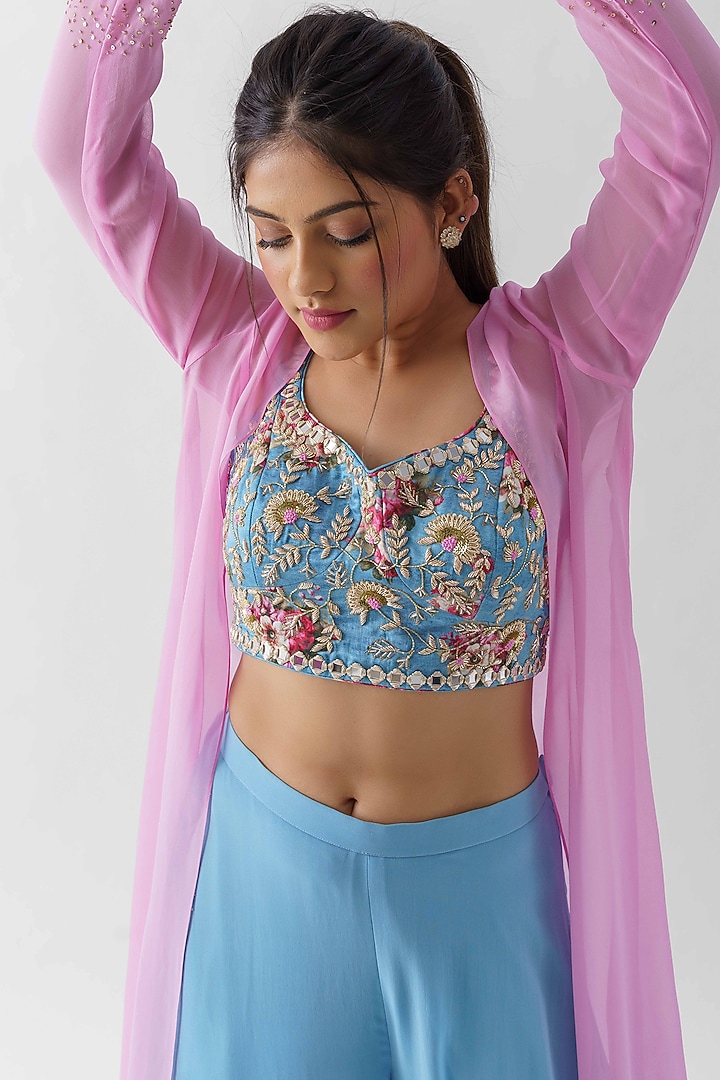 Alaskan Blue & Bubble Gum Pink Georgette Jacket Set by Suruchi Parakh at Pernia's Pop Up Shop