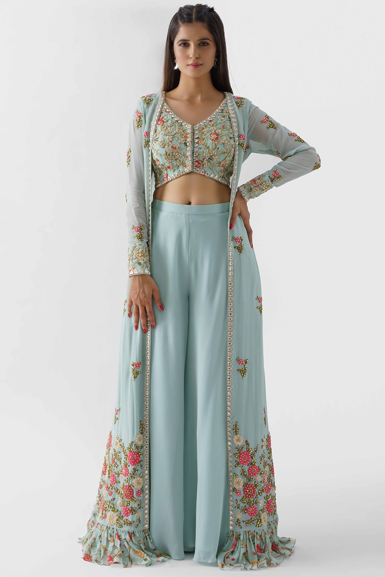 Embroidered Georgette Crop Top Jacket Set in Light Green : TKL281