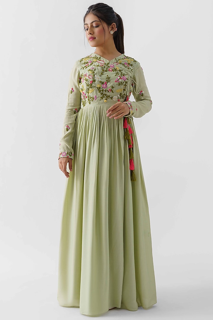Green Pearl Embroidered Angrakha Dress by Suruchi Parakh