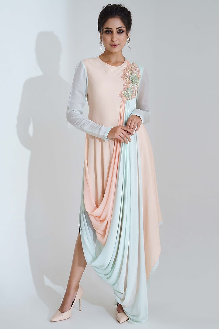 Peach & Light Blue Draped Dress by Suruchi Parakh