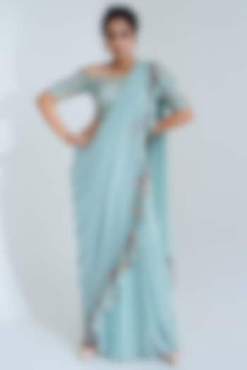 Light Blue Georgette Pre-Draped Wedding Saree Set by Suruchi Parakh at Pernia's Pop Up Shop