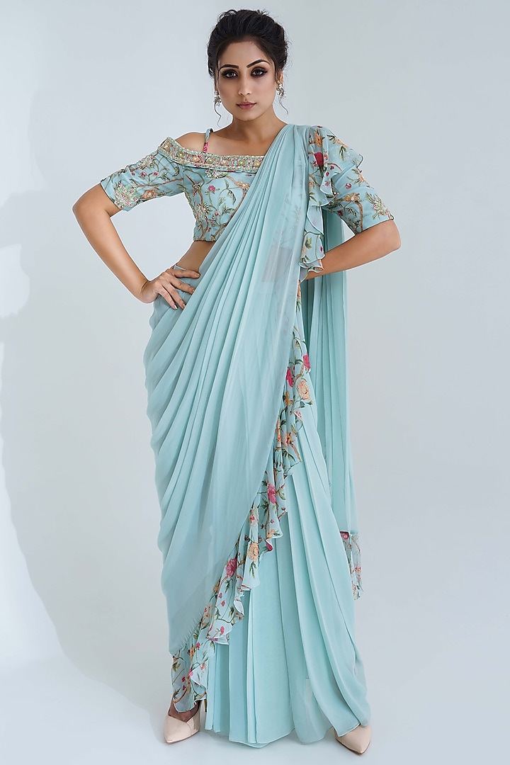 Light Blue Georgette Pre-Draped Wedding Saree Set by Suruchi Parakh at Pernia's Pop Up Shop