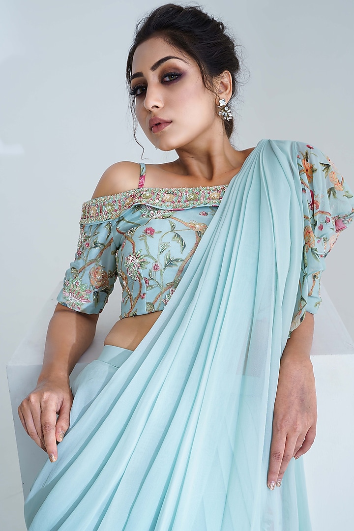 Light Blue Georgette Pre-Draped Wedding Saree Set by Suruchi Parakh at Pernia's Pop Up Shop