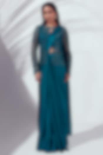 Teal Blue Pre-Draped Saree Set by Suruchi Parakh