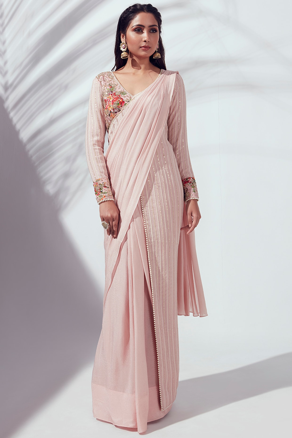 Buy Onaya Pink Lycra Net Embroidered Pre-draped Saree Jacket Set Online |  Aza Fashions