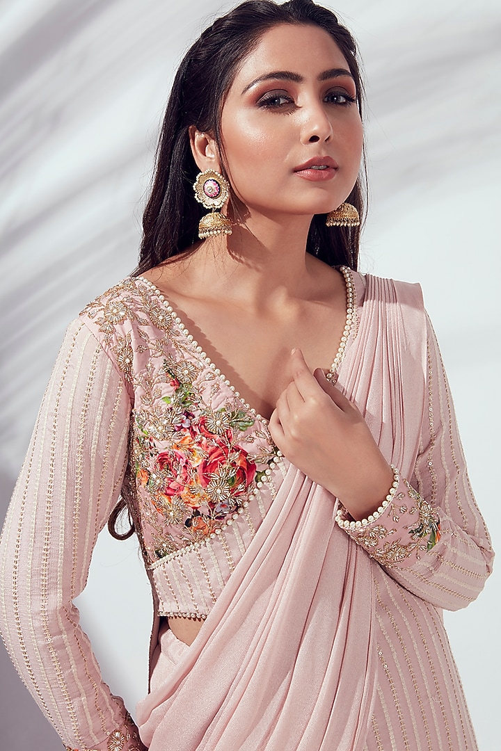 Pink Georgette Crepe Pre-Draped Jacket Wedding Saree Set by Suruchi Parakh at Pernia's Pop Up Shop