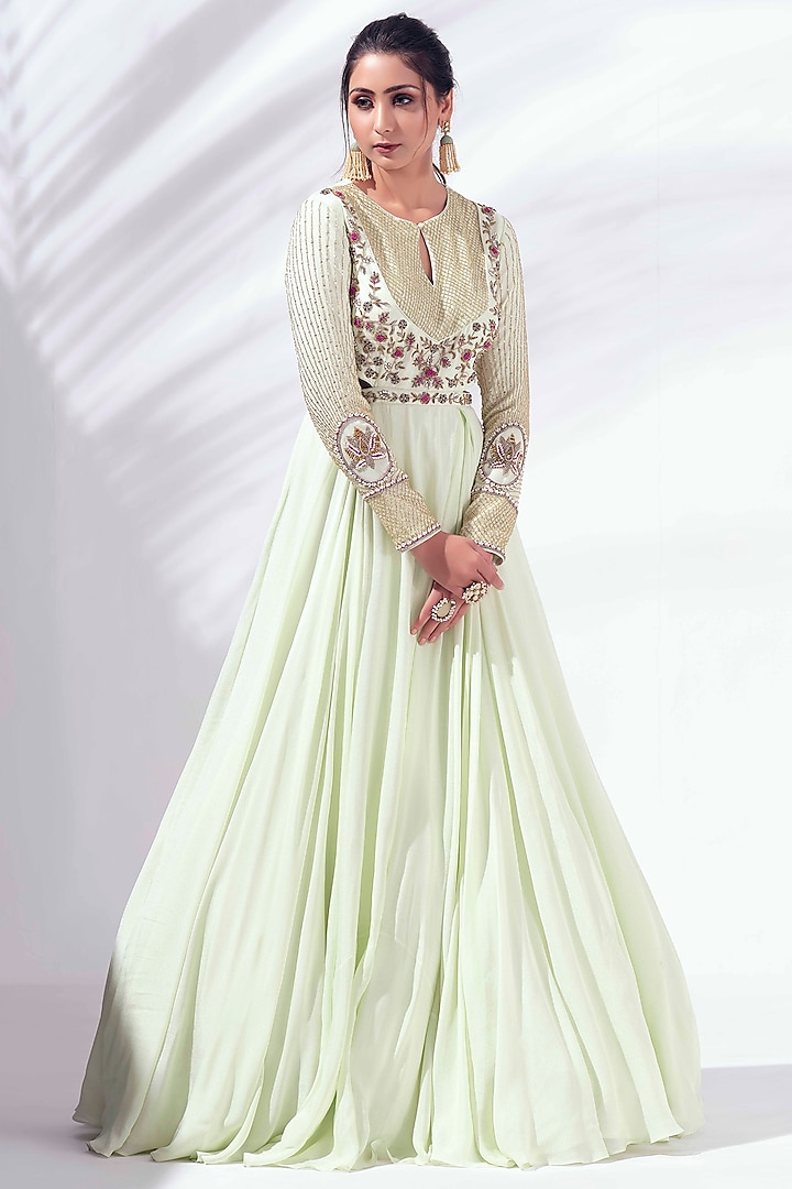 Mint Green Georgette Gown by Suruchi Parakh