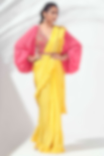 Yellow & Pink Ruffled Pre-Draped Saree Set by Suruchi Parakh