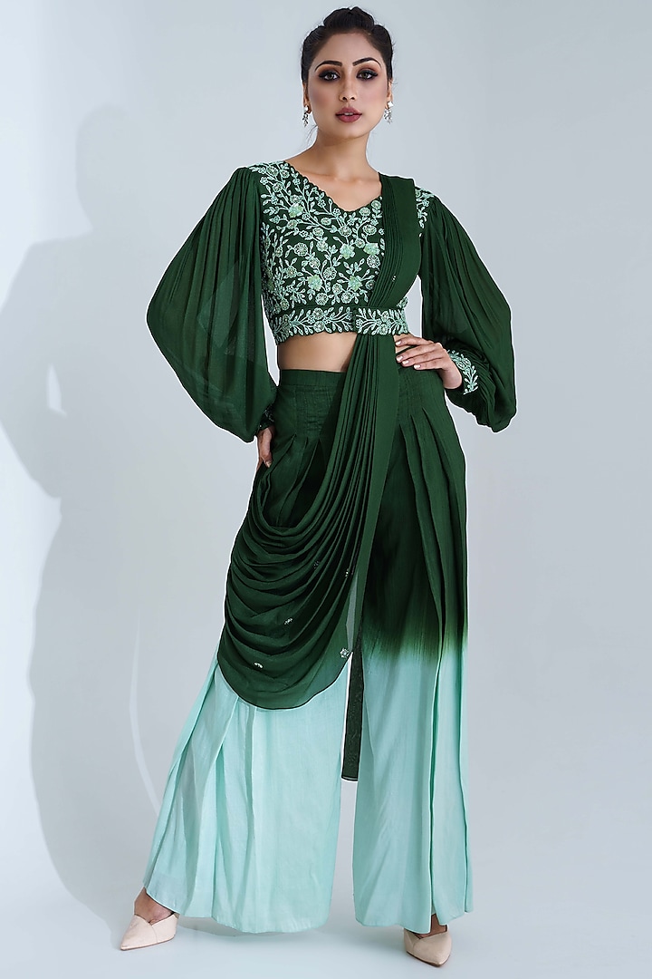 Green & Sea Green Tussar Silk & Georgette Crepe Pant Saree Set by Suruchi Parakh