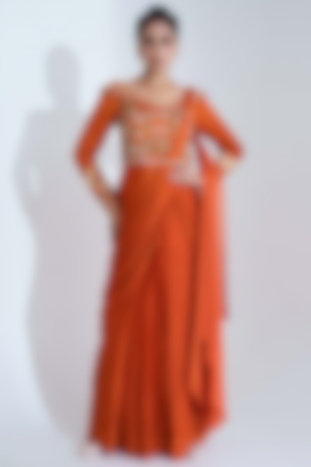 Orange Pre-Draped Saree Set by Suruchi Parakh