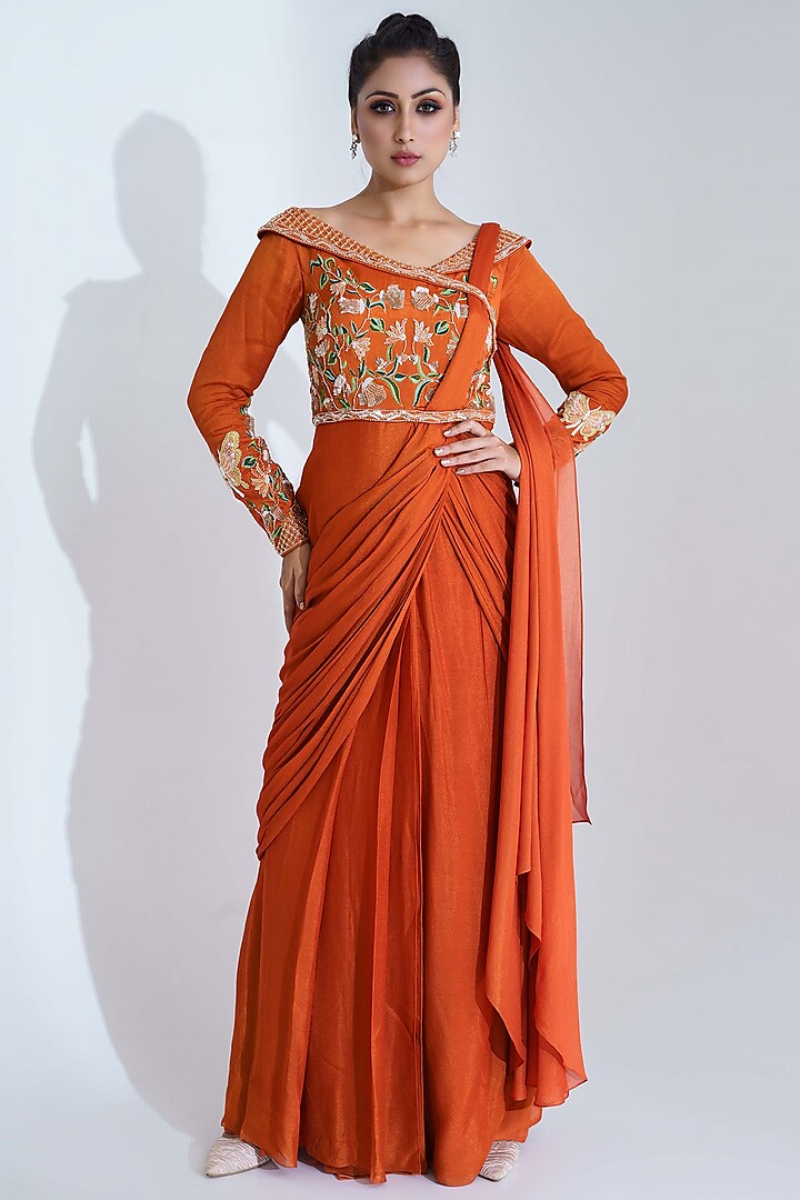 Orange Pre-Draped Saree Set by Suruchi Parakh