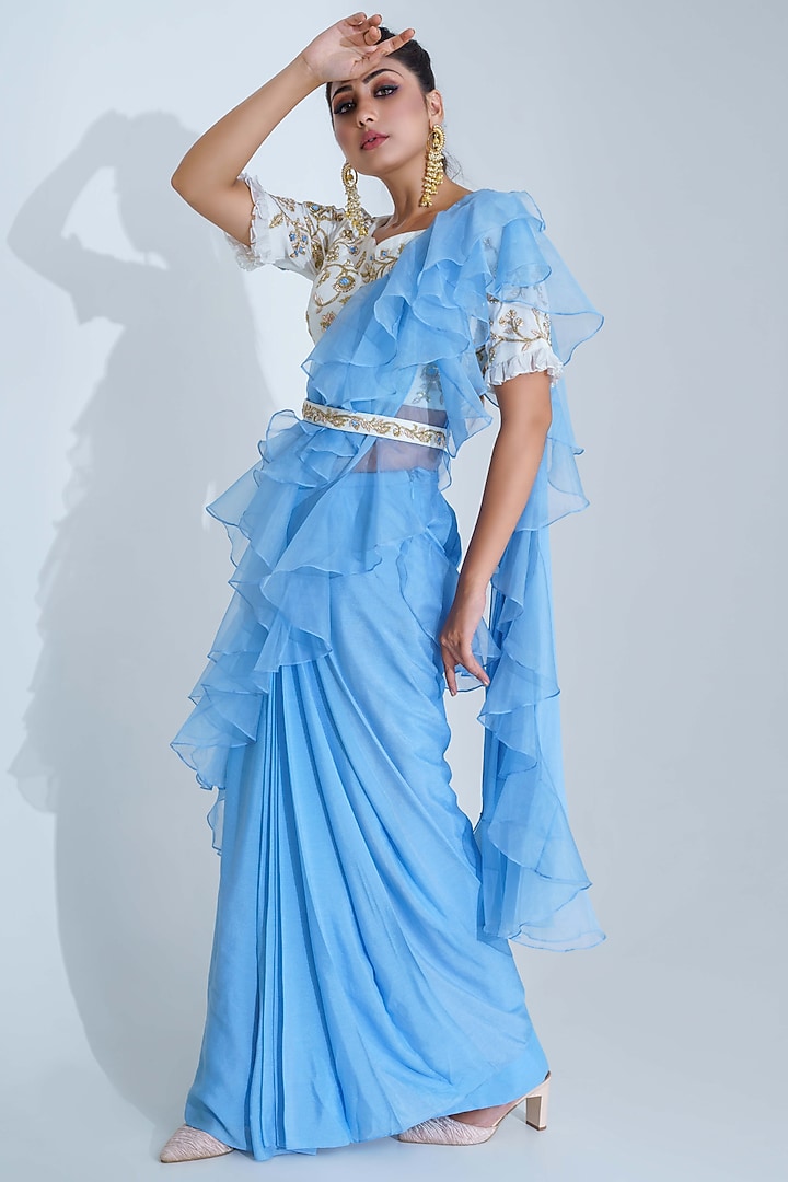 Powder Blue Georgette Crepe Ruffled Pre-Draped Party Wear Saree Set by Suruchi Parakh at Pernia's Pop Up Shop