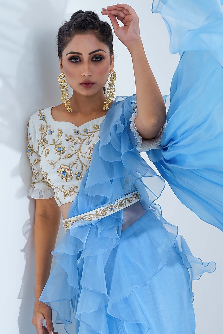 Powder Blue Georgette Crepe Ruffled Pre-Draped Party Wear Saree Set by Suruchi Parakh at Pernia's Pop Up Shop