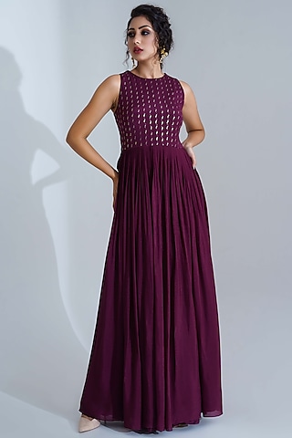 Wine Embroidered Flared Dress by Suruchi Parakh