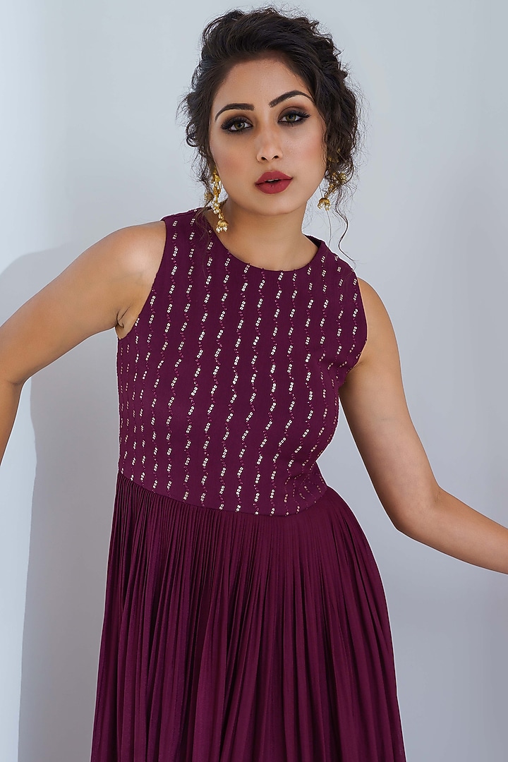 Wine Embroidered Flared Vacation Dress by Suruchi Parakh at Pernia's Pop Up Shop