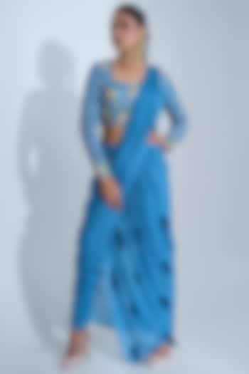 Curious Blue Georgette Crepe Draped Pant Saree Set by Suruchi Parakh