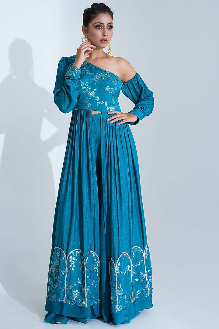 Horizon Blue Georgette Crepe Flared Pant Set by Suruchi Parakh at Pernia's Pop Up Shop