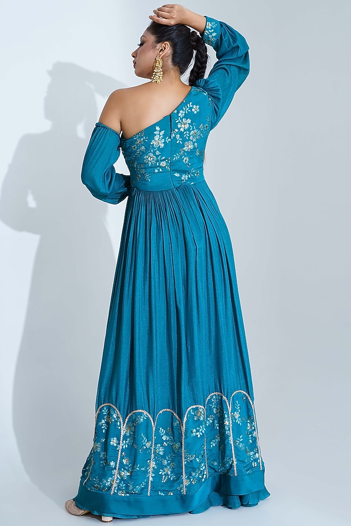 Horizon Blue Georgette Crepe Flared Pant Set by Suruchi Parakh at Pernia's Pop Up Shop