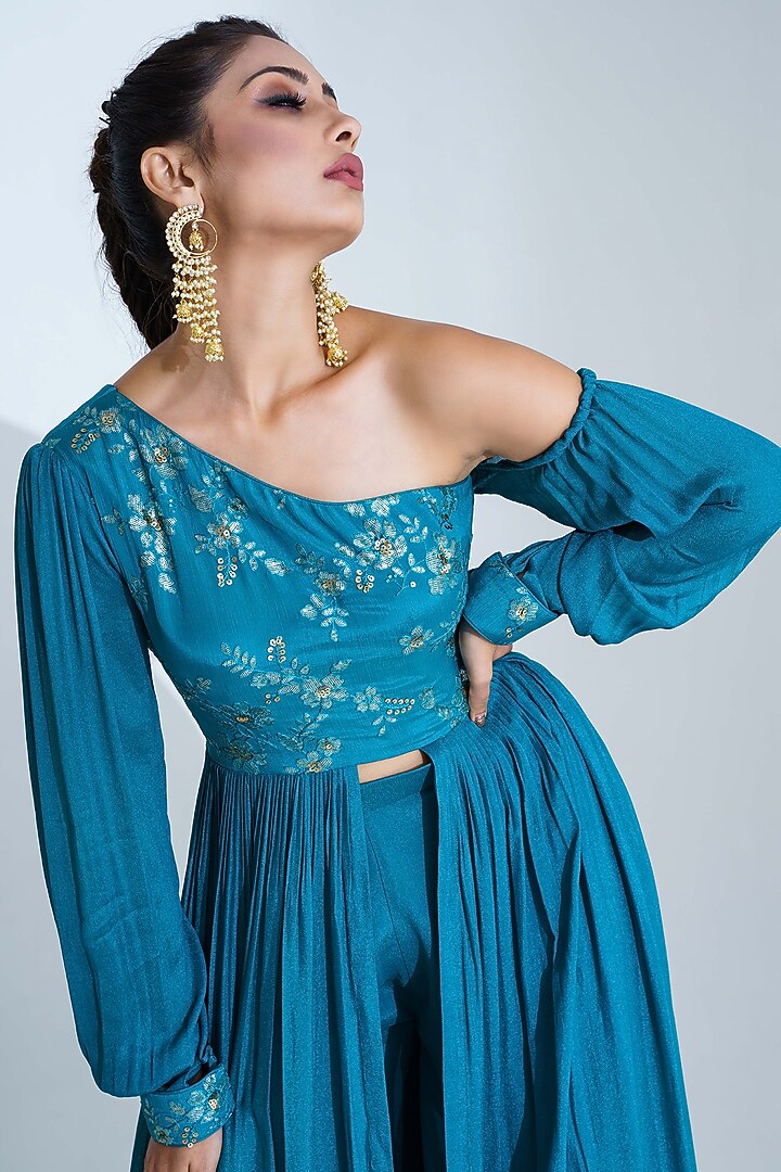 Horizon Blue Georgette Crepe Flared Pant Set by Suruchi Parakh at Pernia's Pop Up Shop