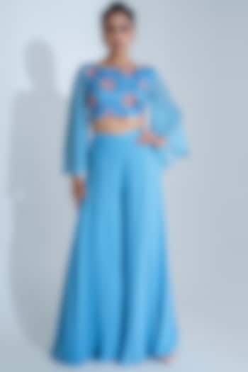 Raspberry Blue Georgette Crepe Flared Pant Set by Suruchi Parakh at Pernia's Pop Up Shop