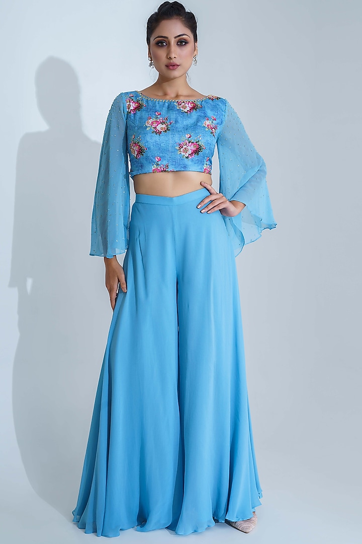 Raspberry Blue Georgette Crepe Flared Pant Set by Suruchi Parakh at Pernia's Pop Up Shop
