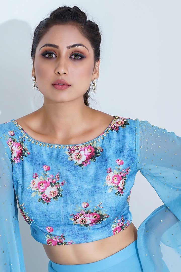 Raspberry Blue Georgette Crepe Flared Pant Set by Suruchi Parakh at Pernia's Pop Up Shop