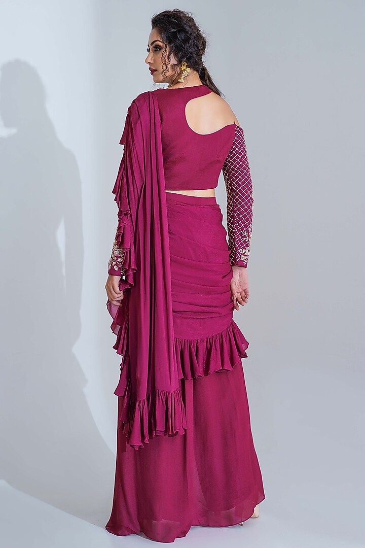 Wine Georgette Crepe Ruffled Draped Pant Wedding Saree Set by Suruchi Parakh at Pernia's Pop Up Shop