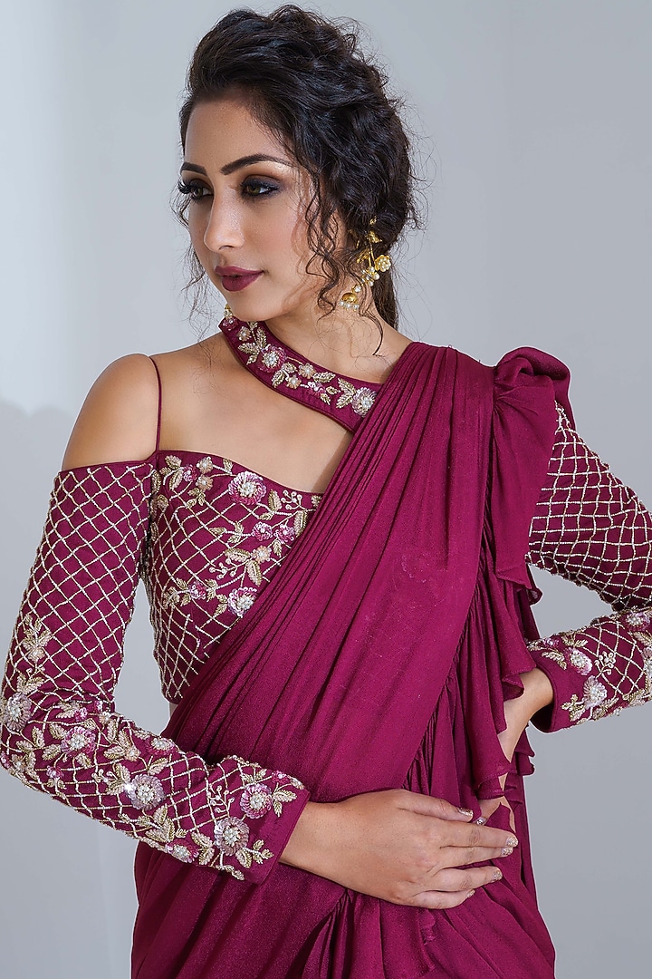 Wine Georgette Crepe Ruffled Draped Pant Wedding Saree Set by Suruchi Parakh at Pernia's Pop Up Shop