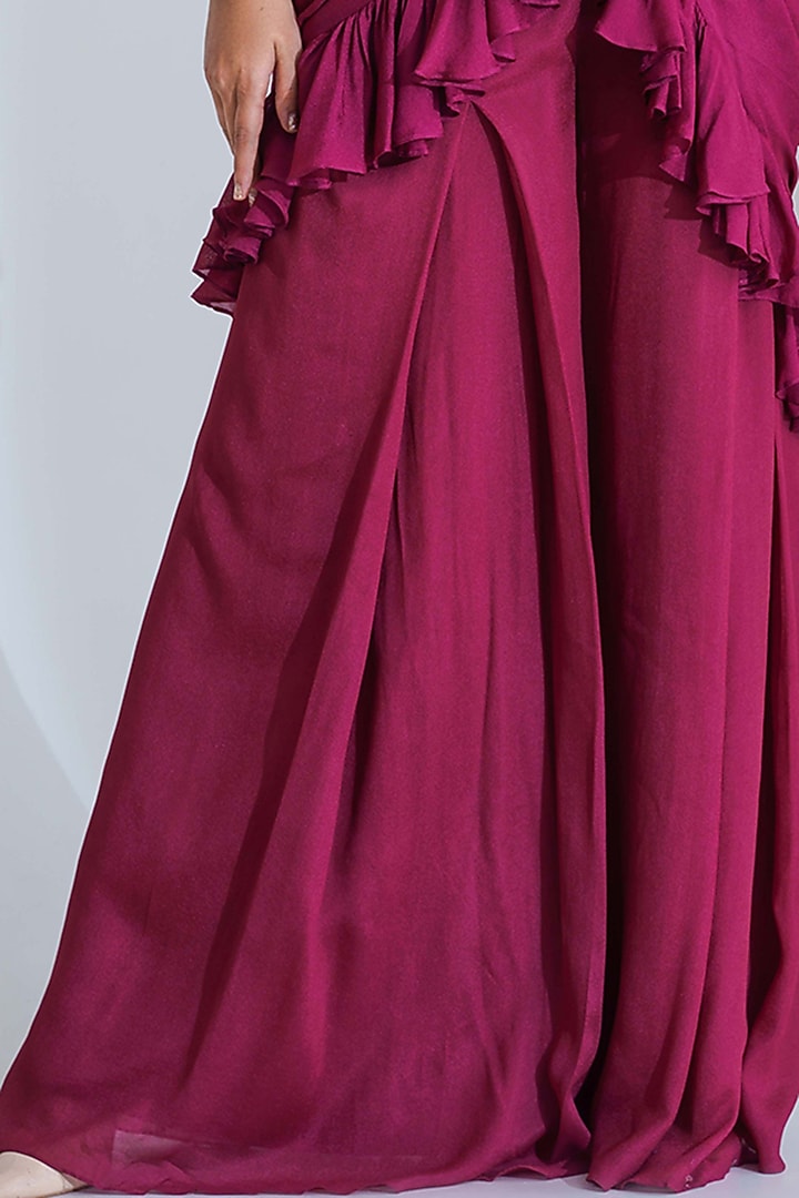 Wine Georgette Crepe Ruffled Draped Pant Wedding Saree Set by Suruchi Parakh at Pernia's Pop Up Shop