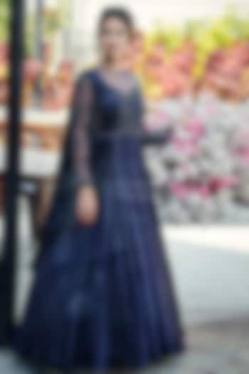 Navy Blue Hand Embroidered Pleated Gown by Suruchi Parakh