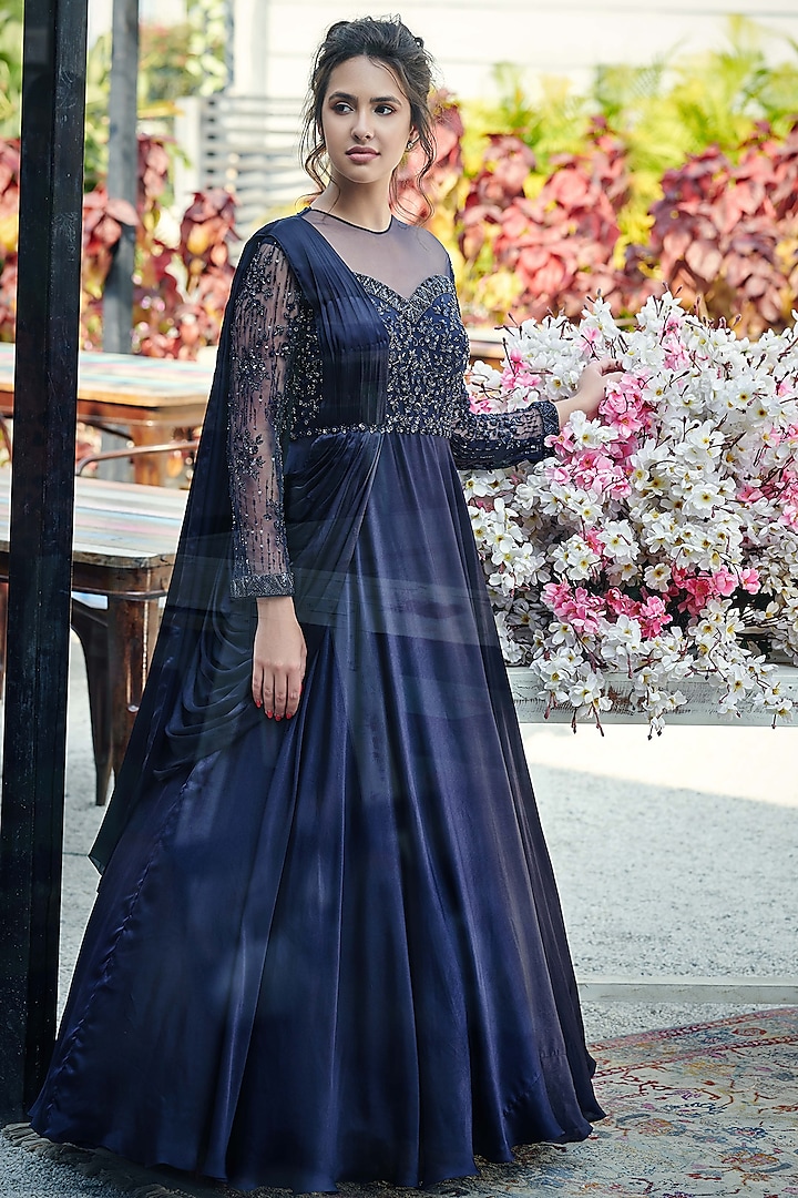 Navy Blue Hand Embroidered Pleated Gown by Suruchi Parakh