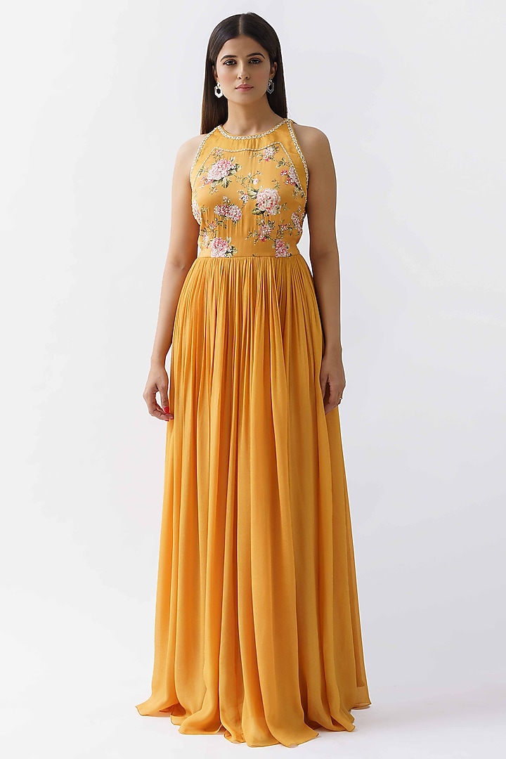 Citrus Yellow Printed Scalloped Dress by Suruchi Parakh