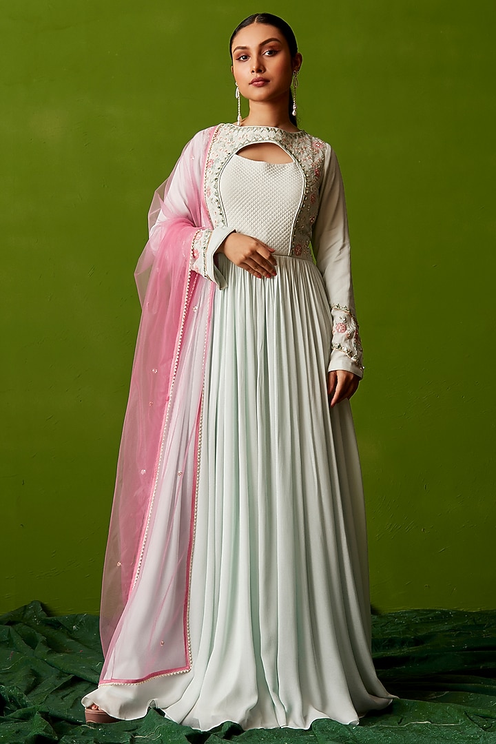 Sea Green Georgette Thread Embroidered Party Wear Anarkali Set by Suruchi Parakh at Pernia's Pop Up Shop