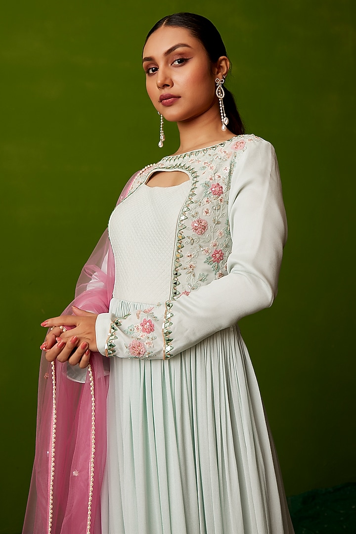 Sea Green Georgette Thread Embroidered Party Wear Anarkali Set by Suruchi Parakh at Pernia's Pop Up Shop